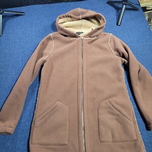 Susan Graver Weekend Fleece Lined Hooded Long Zip Up Jacket XS Brown